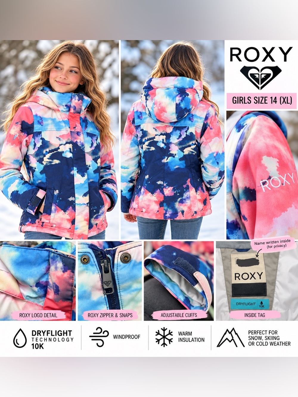 ROXY Girls Size 14 (XL) DryFlight 10K Snow Ski Jacket – Pink Blue Watercolor